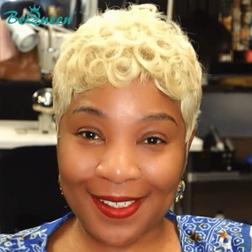 Bequeen Blonde Pixie Finger Wave Machine Made Wig