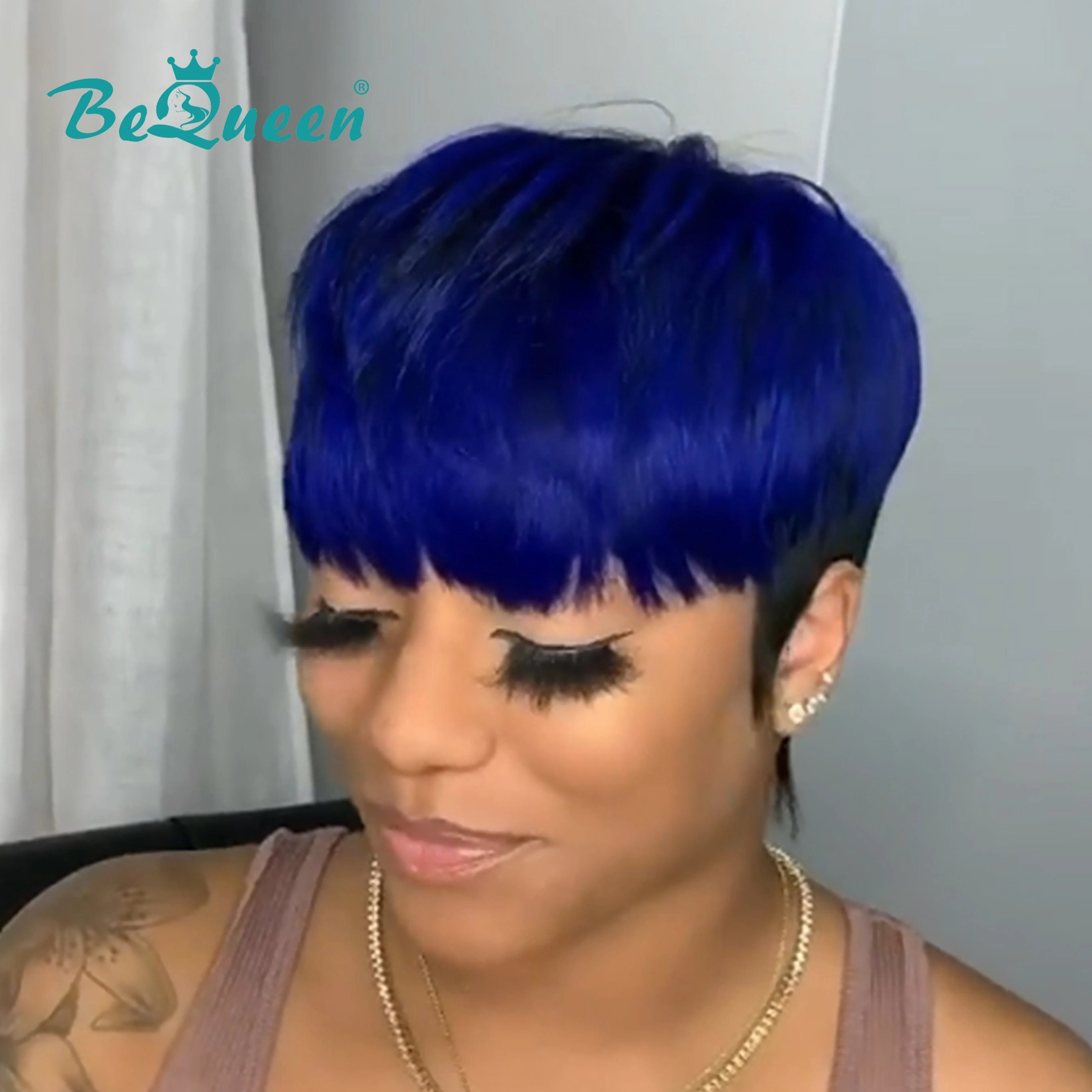 Bequeen Blue And Black Pixie Wig