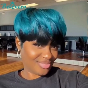 Bequeen Blue Color Machine Made Pixie Wig