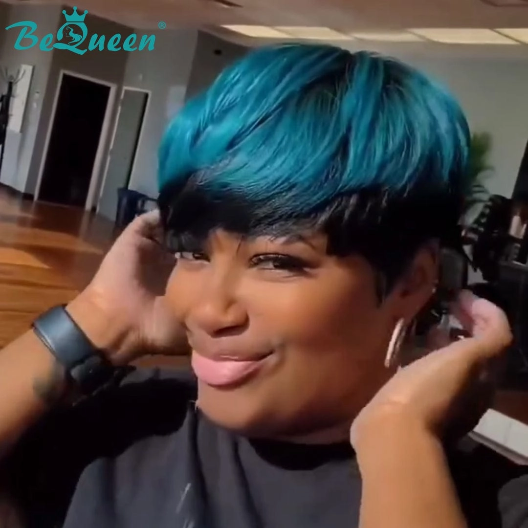 Bequeen Blue Color Machine Made Pixie Wig