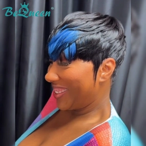 Bequeen Blue Part Machine Made Short Cut Pixei Wig