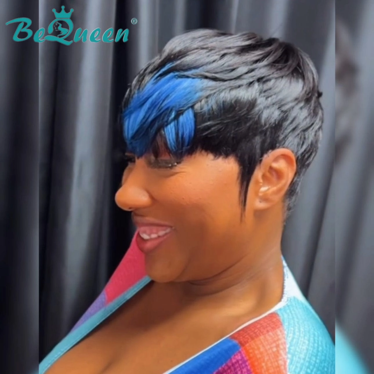 Bequeen Blue Part Machine Made Short Cut Pixei Wig