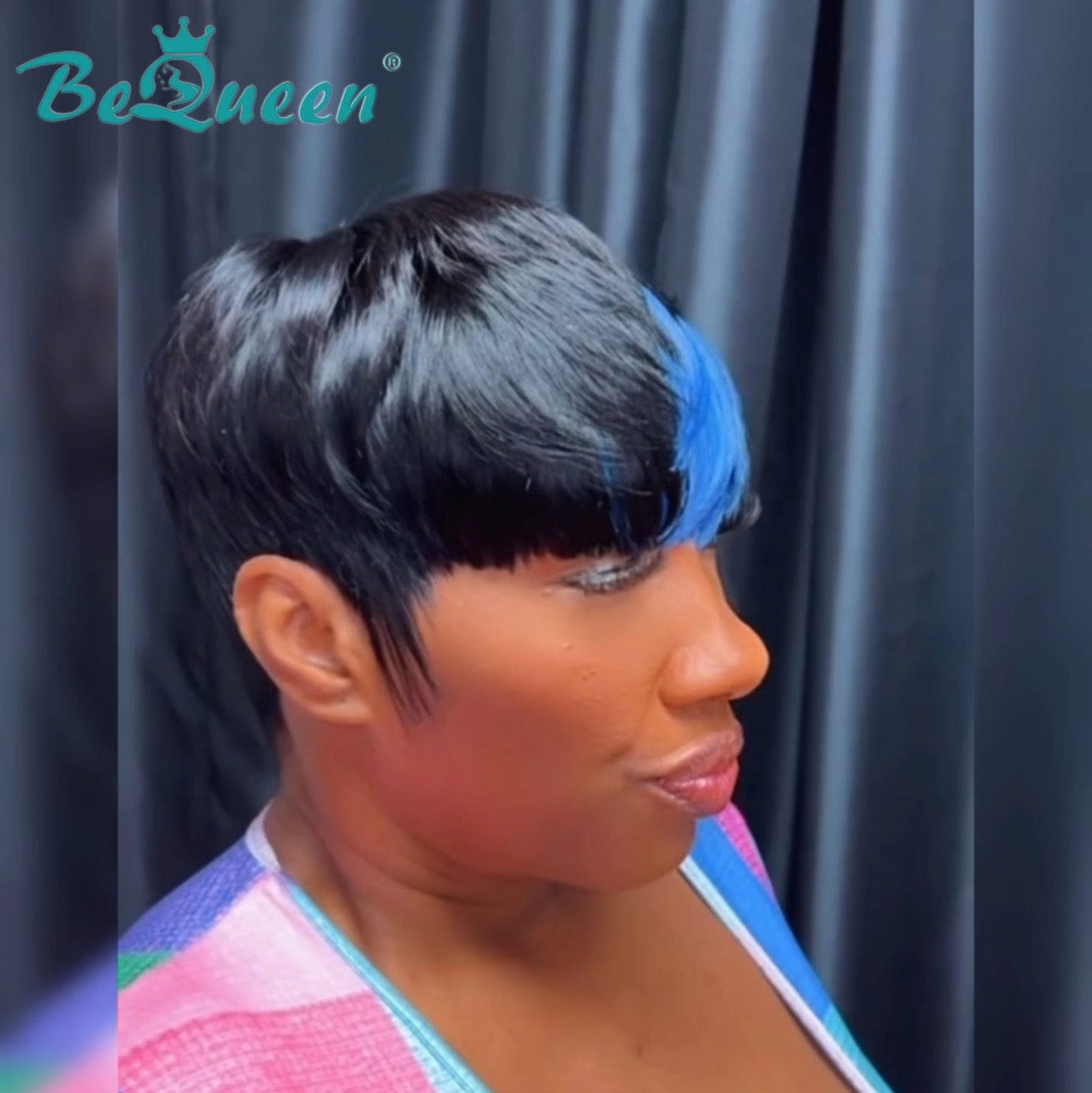 Bequeen Blue Part Machine Made Short Cut Pixei Wig