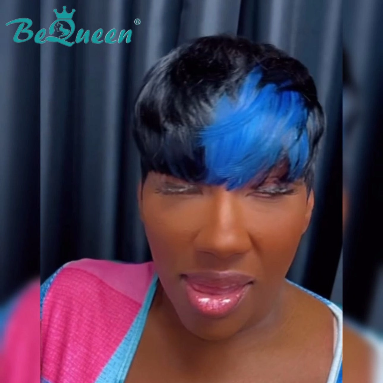 Bequeen Blue Part Machine Made Short Cut Pixei Wig