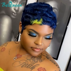 Bequeen Blue With Yellow Part Short Pixie Wig