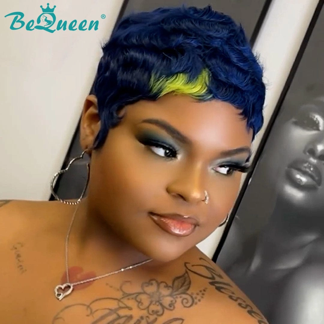 Bequeen Blue With Yellow Part Short Pixie Wig