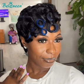 Bequeen Bold Blue Accent Pixie Cut Made Pixie Wig