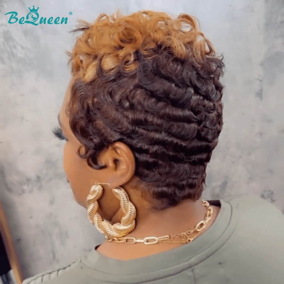 Bequeen Dark Brown And Light Brown Color Curly Pixie Wig