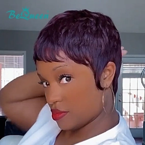 Bequeen Dark Burgundy Pixie Cut Machine Made Wig
