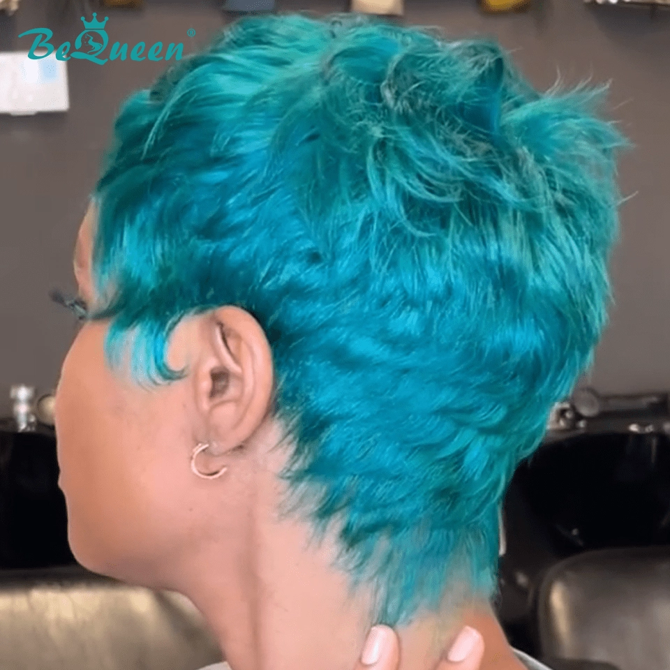 Bequeen Light Blue Pixie Machine Made Wig