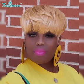 Bequeen Machine Made Honey Blonde Short Cut With Full Bang Wig