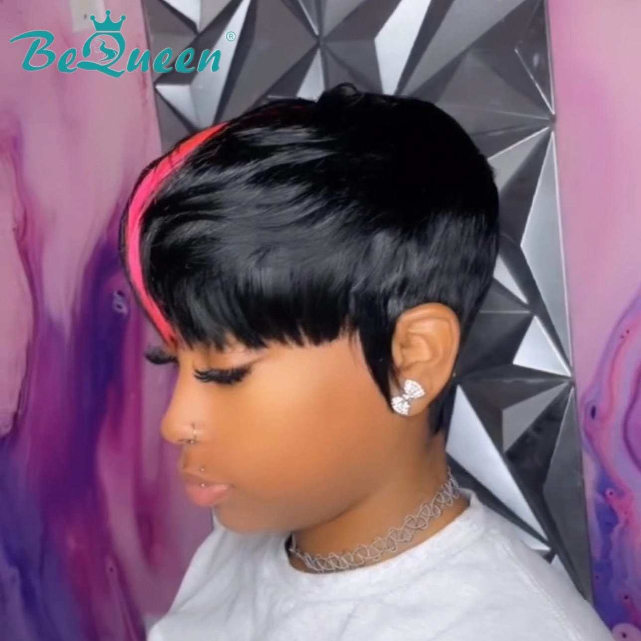 Bequeen Middle Pink Machine Made Short Pixie Wig