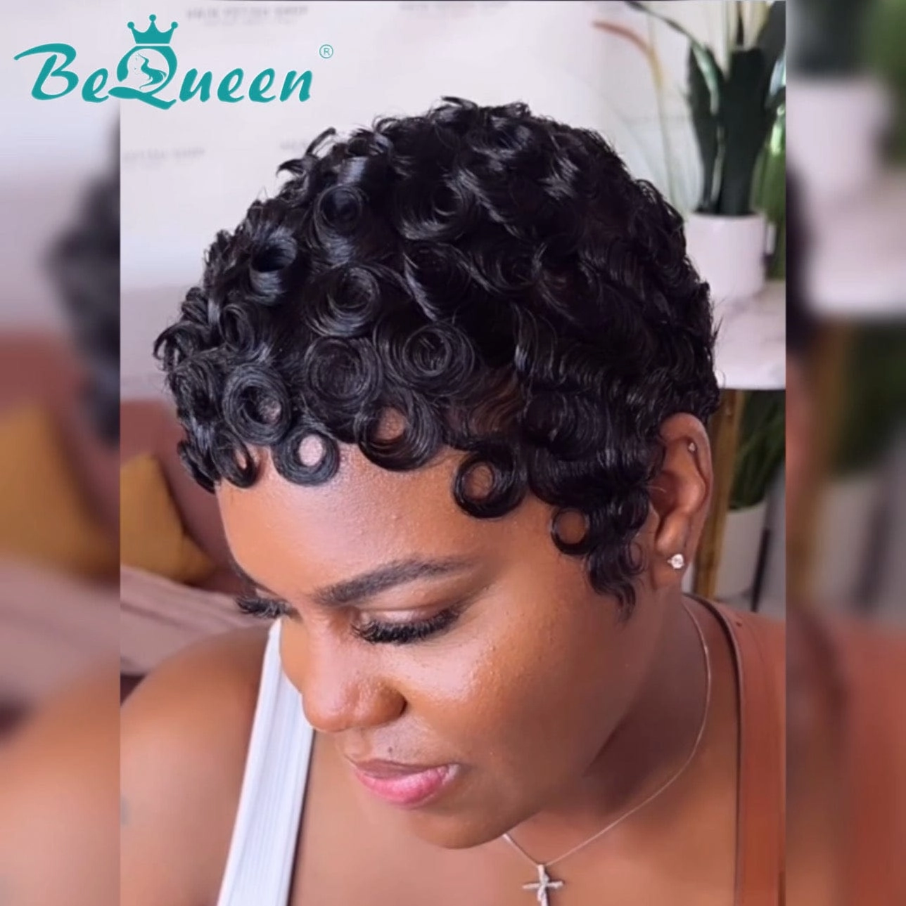 Bequeen Pixie Cut Finger Wave Machine Made Wig