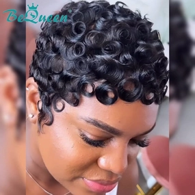Bequeen Pixie Cut Finger Wave Machine Made Wig