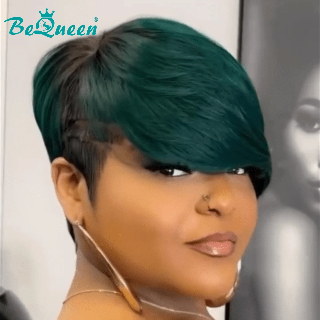 Bequeen Pixie Cut Green Side Part Short Wig