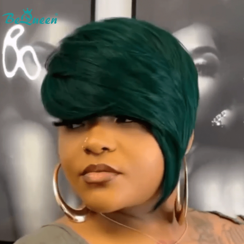 Bequeen Pixie Cut Green Side Part Short Wig
