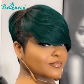 Bequeen Pixie Cut Green Side Part Short Wig
