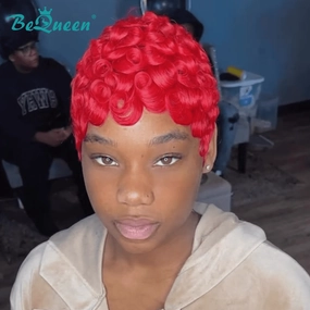 Bequeen Shinning Red Finger Wave Machine Made Pixie Wig