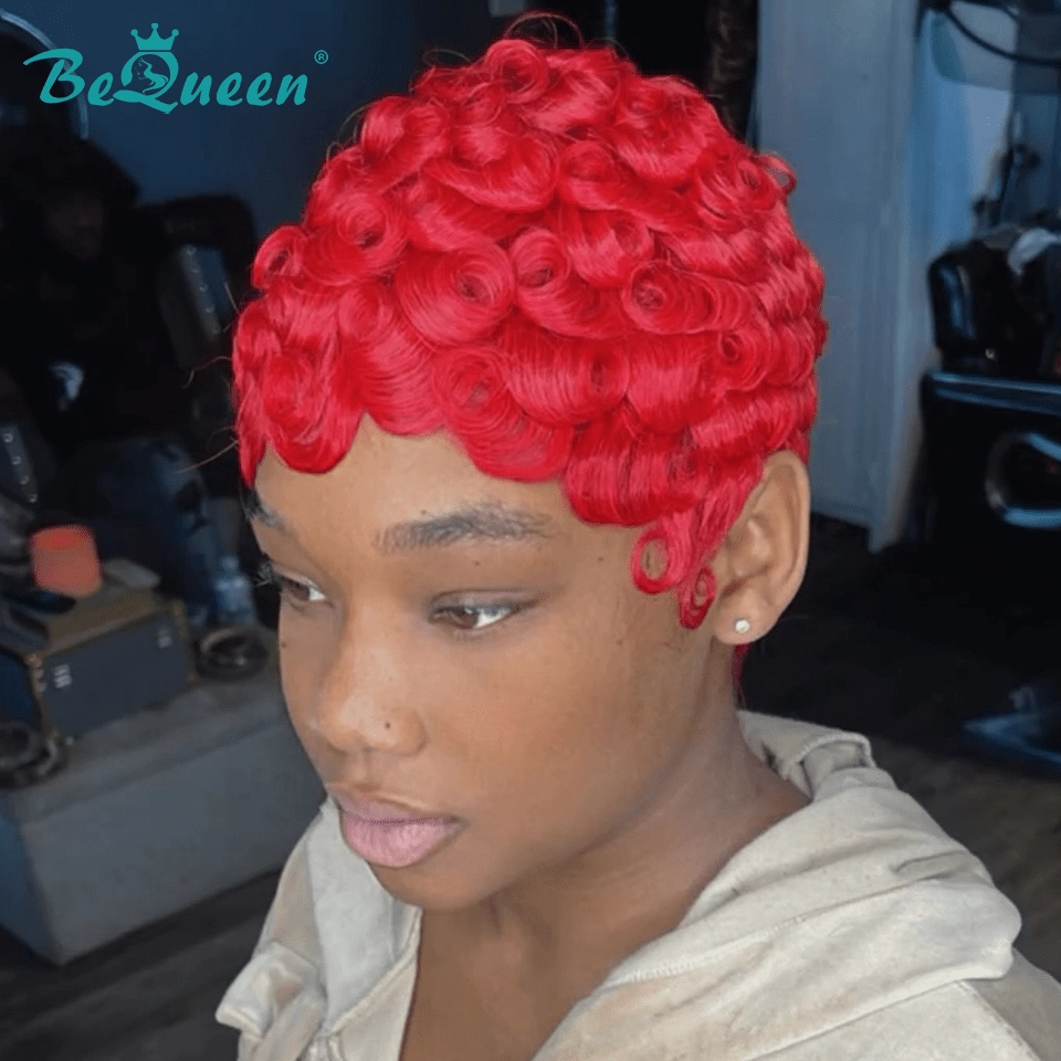 Bequeen Shinning Red Finger Wave Machine Made Pixie Wig