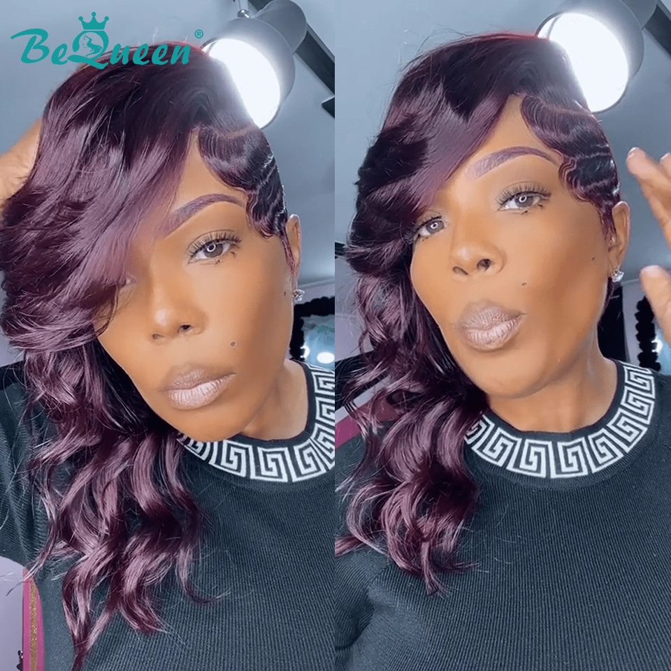 Bequeen Side Part Burgundy Curly Lace Wig