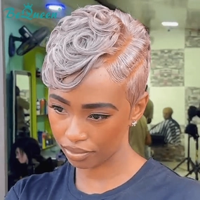 Bequeen Side Part Grey Curl Pixie Wig