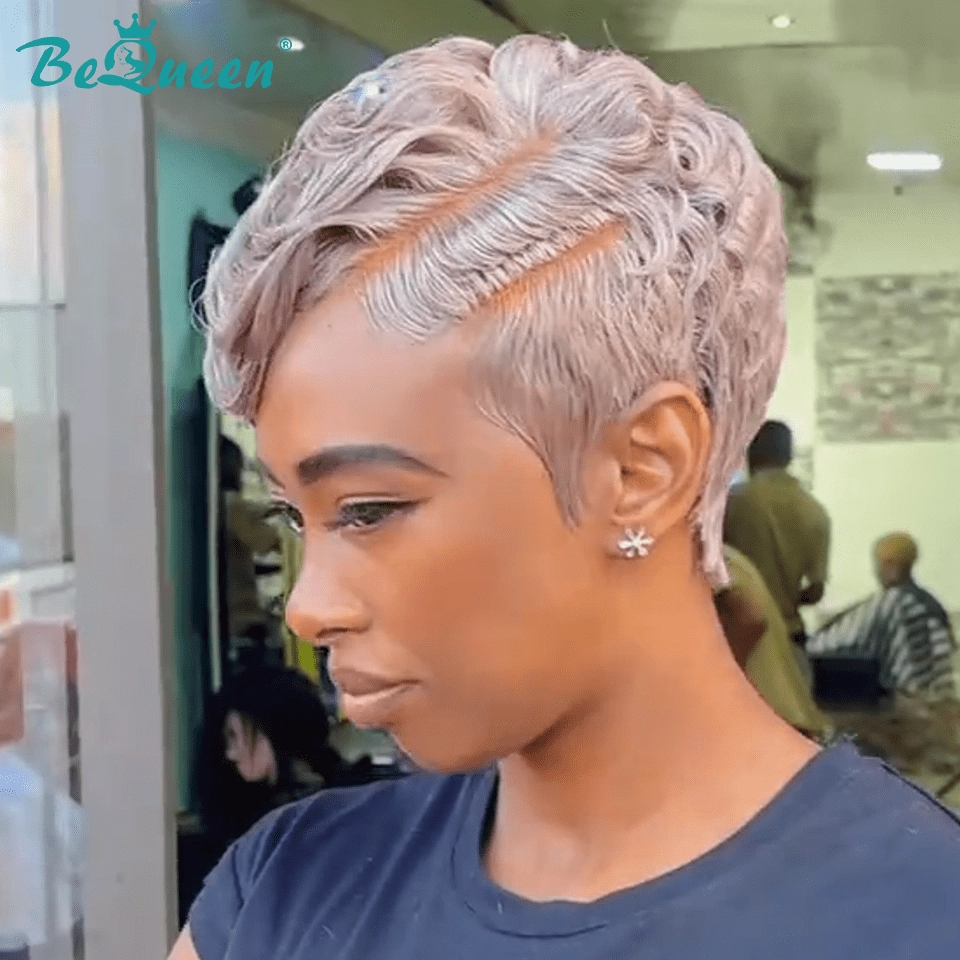 Bequeen Side Part Grey Curl Pixie Wig