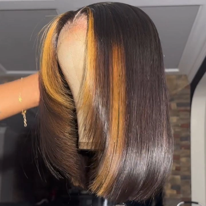 Blonde Highlight Layered Bob Human Hair Bob Lace Front Wig