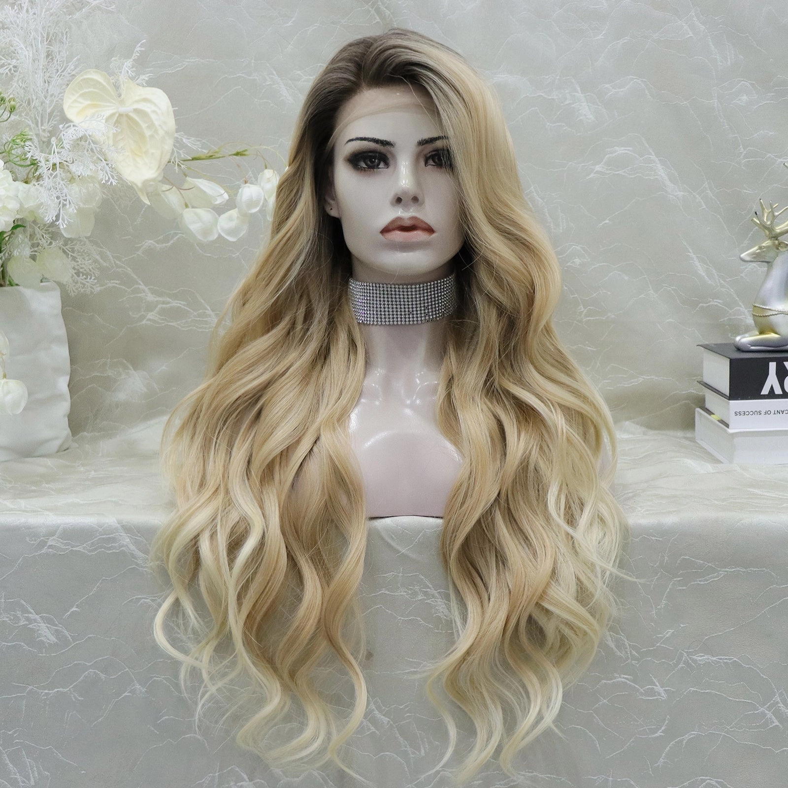 Brenda Collection-Clara Long Wave Blonde Daily Wig with Dark Root Super Natral  13*4 Lace Front Synthetic Wig Free parting lace Wig
