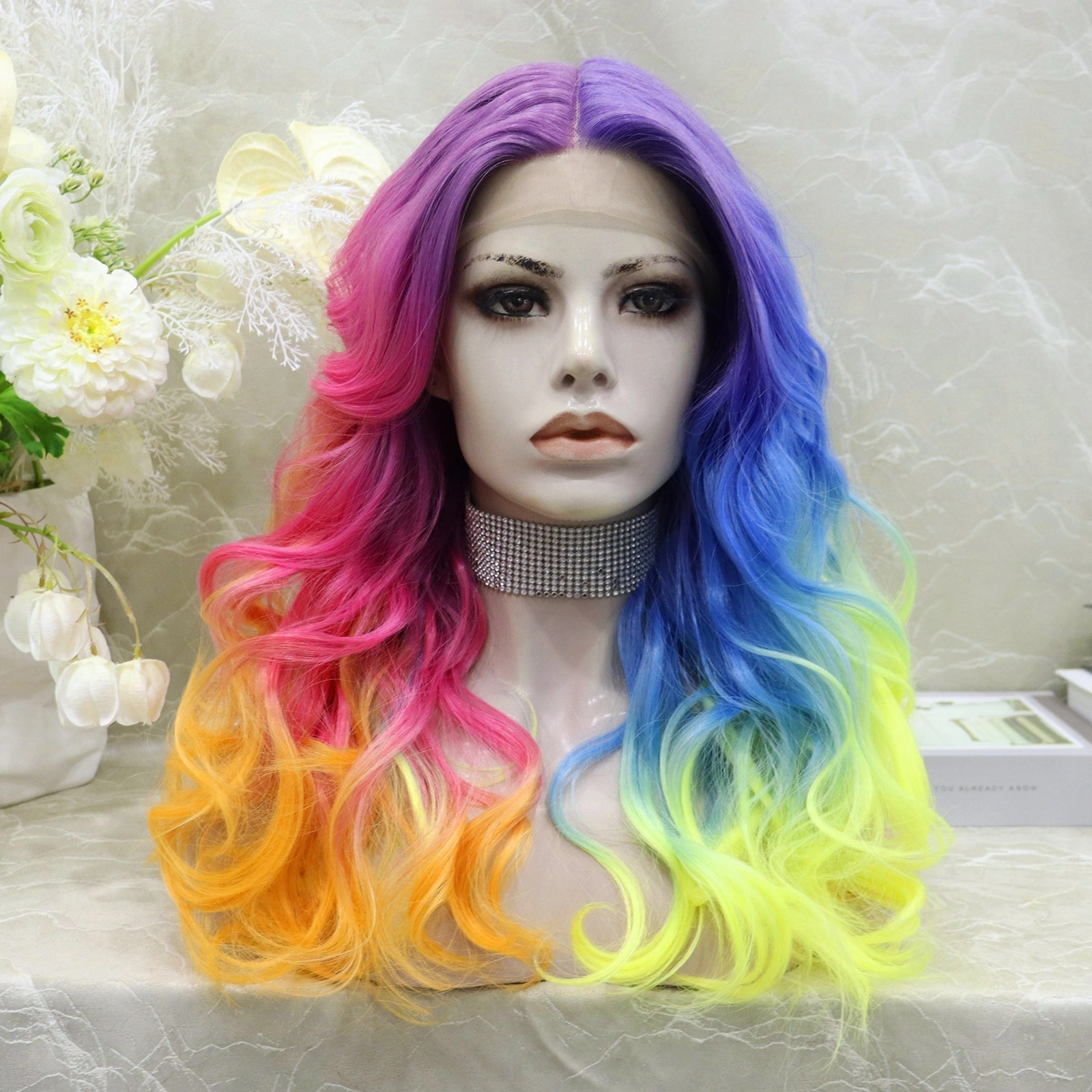 Brenda Collection-Dazzling Rainbow colorful wigs with 22inches wavy style T-part lace front synthetic wigs heat friendly