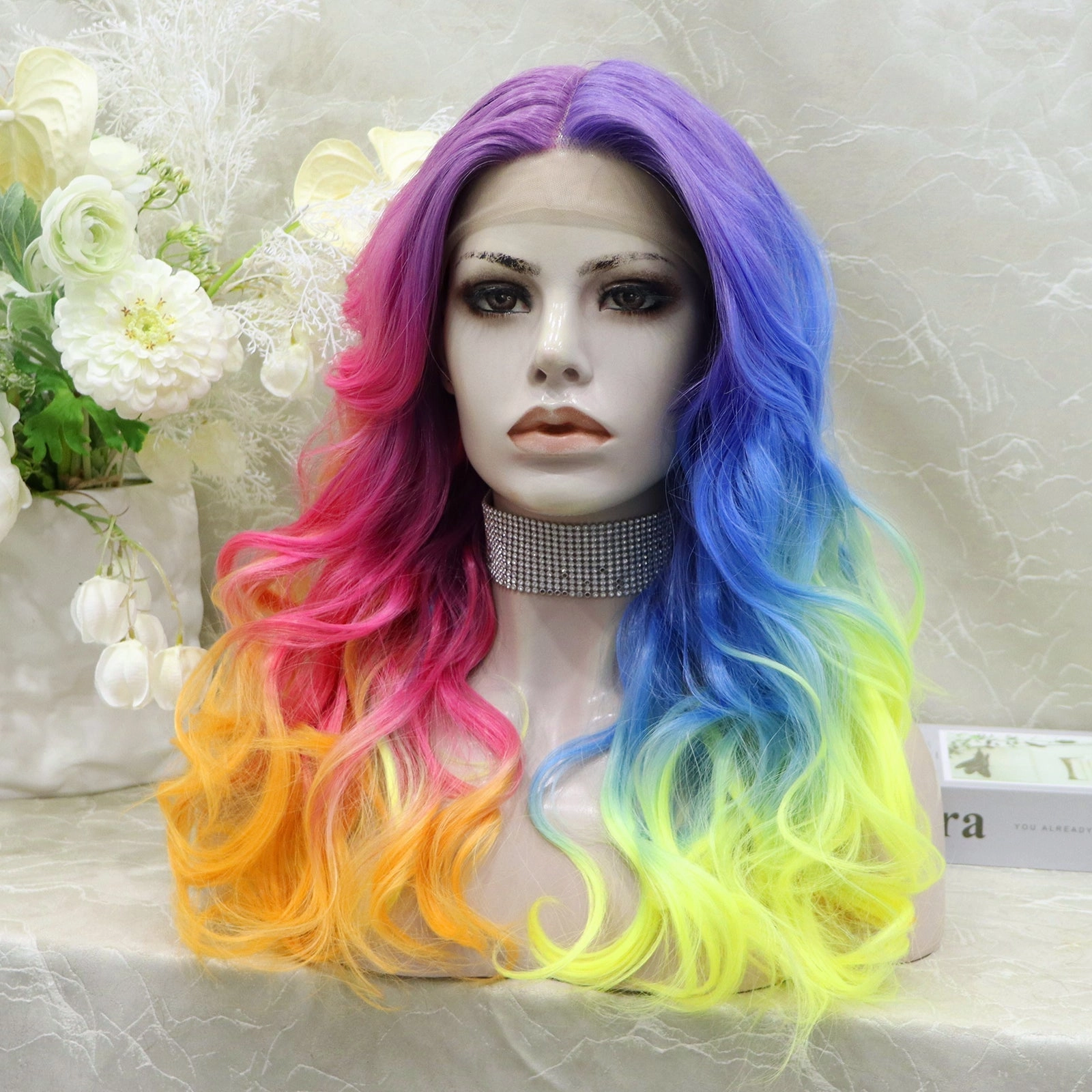 Brenda Collection-Dazzling Rainbow colorful wigs with 22inches wavy style T-part lace front synthetic wigs heat friendly
