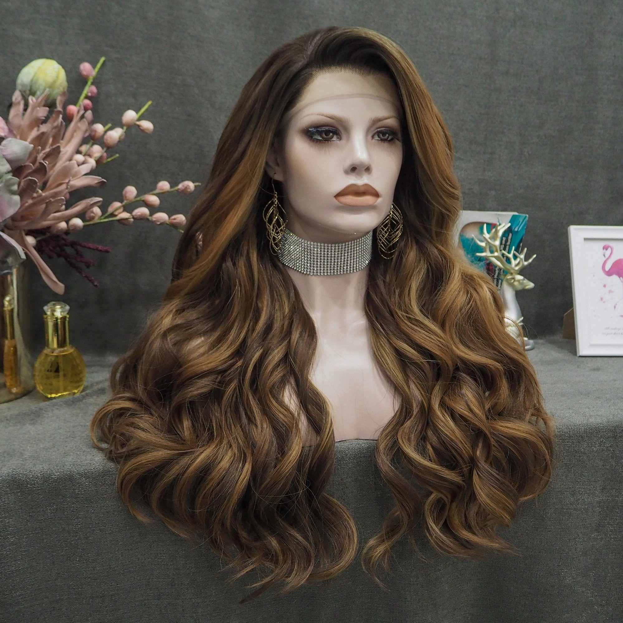 Brown Highlights Long Wave Synthetic Lace Front Women Wig