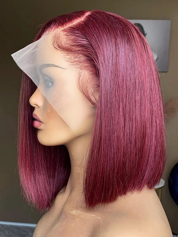 Chinalacewig C part Burgundy 99j Straight Human Hair Bob Wigs For Women Short Cut Preplucked CF554