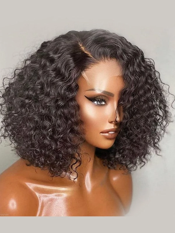 Chinalacewig Virgin Human Hair Black Color Deep Curly 55 HD Lace Wig With Pre Plucked NCF92