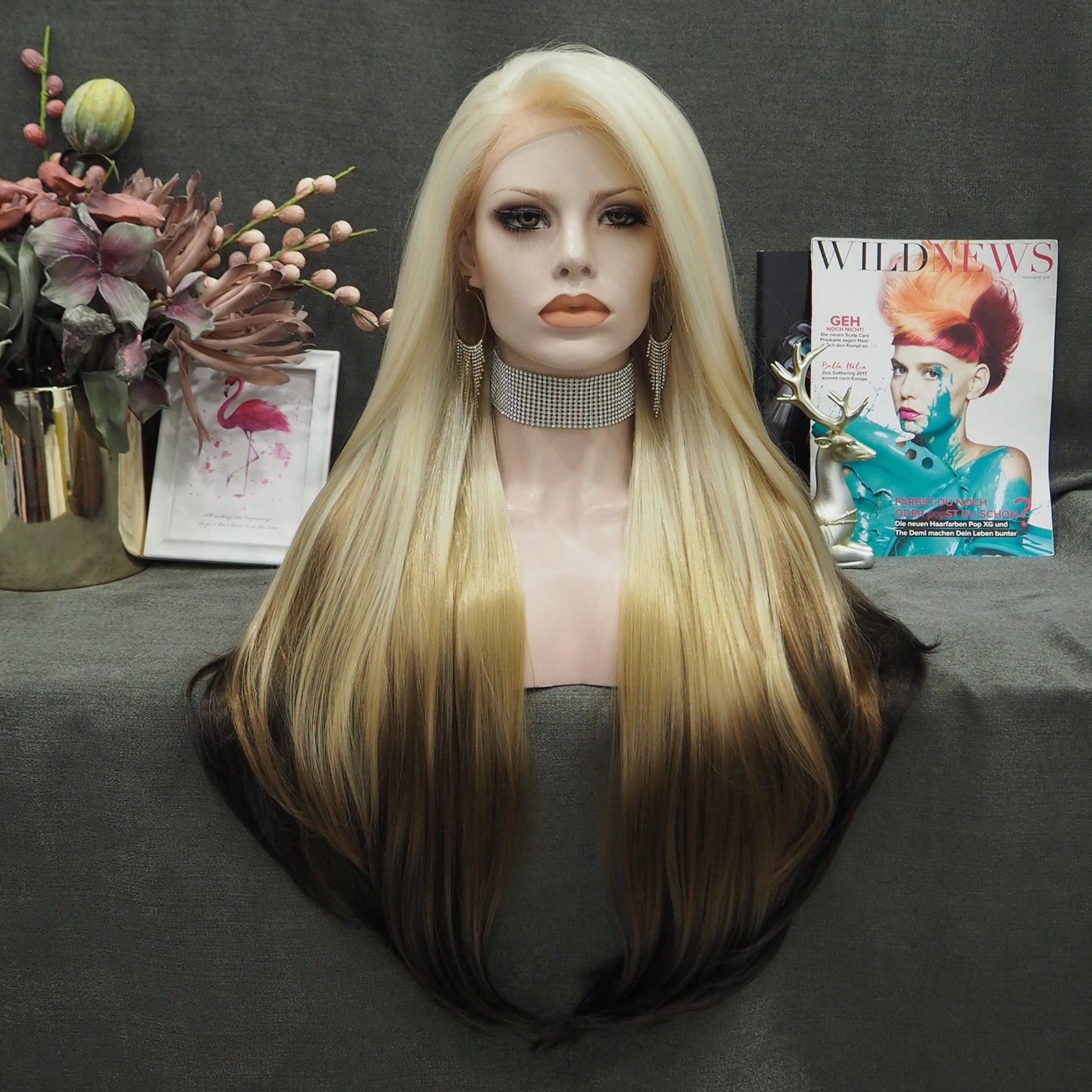 Christina Aguilera- White Blonde to Black Ombre Long Straight Lace Front Hair