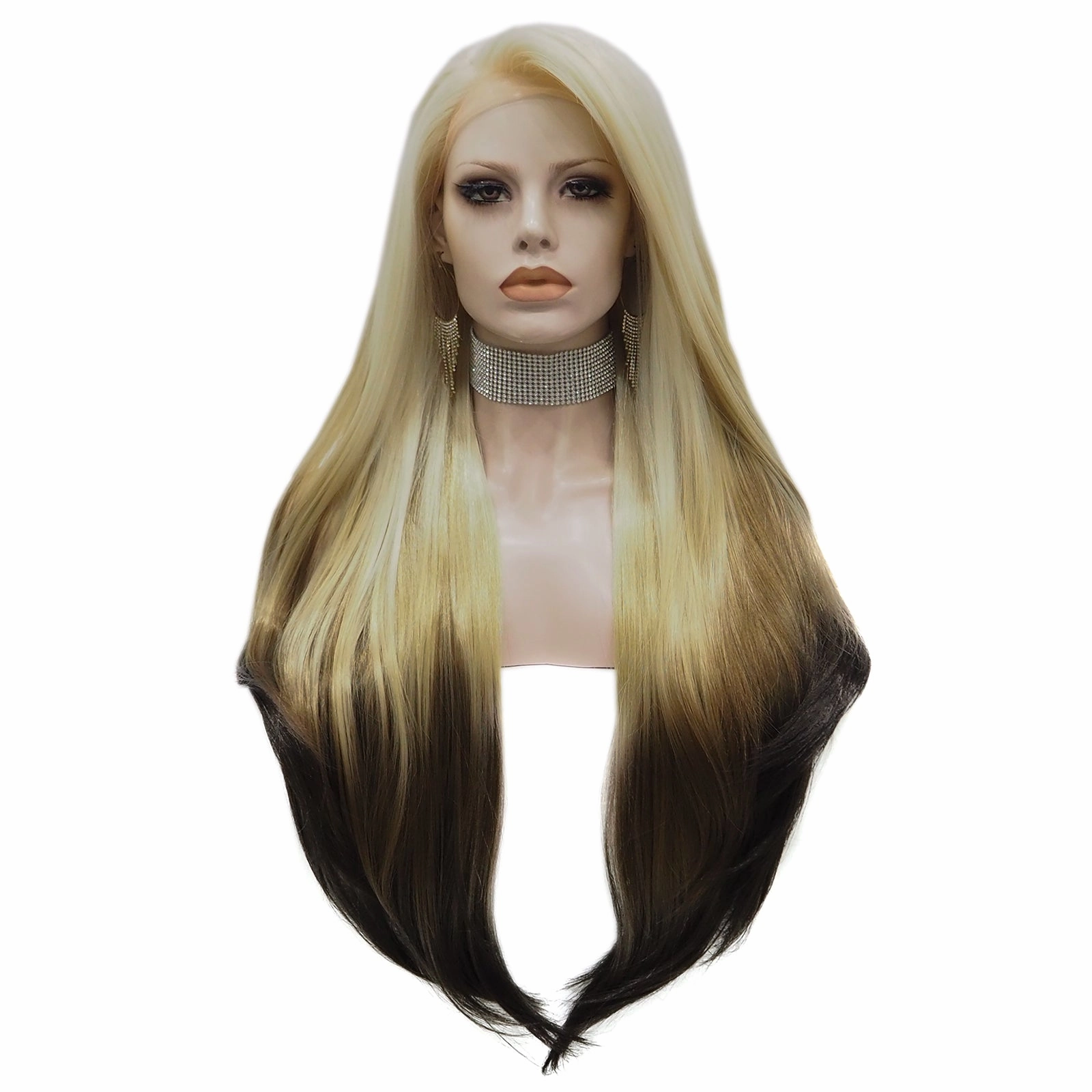 Christina Aguilera- White Blonde to Black Ombre Long Straight Lace Front Hair
