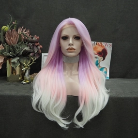 City Star - New Pastel Pink Ombre Noctilucent Long Synthetic Lace Front Party Wigs
