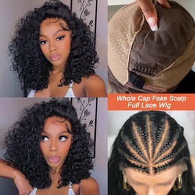 CLEARANCE Full Lace Fake Scalp Free Parting Preplucked Human Hair Deep Curly Bob Wig