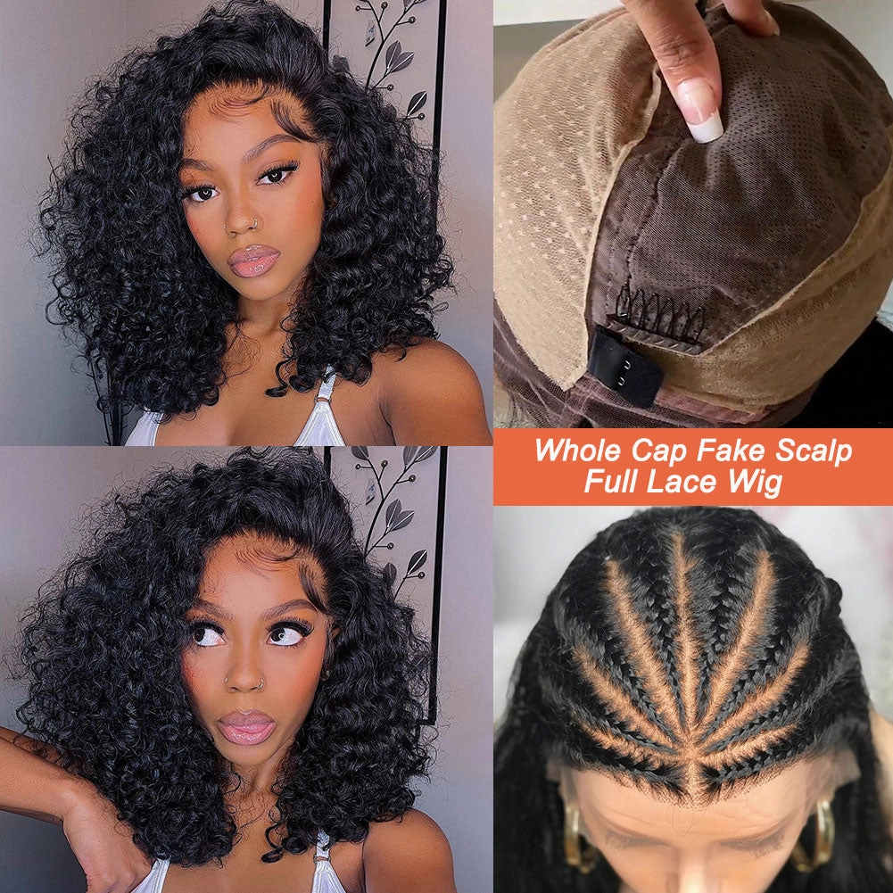 CLEARANCE Full Lace Fake Scalp Free Parting Preplucked Human Hair Deep Curly Bob Wig