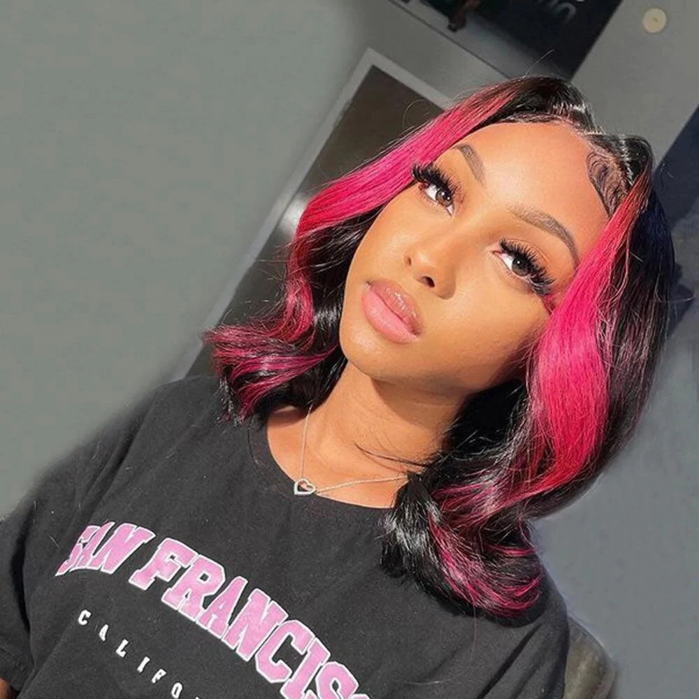 Crisssy | Rose Pink Highlights Preplucked Human Hair Wavy Bob Lace Front Wig