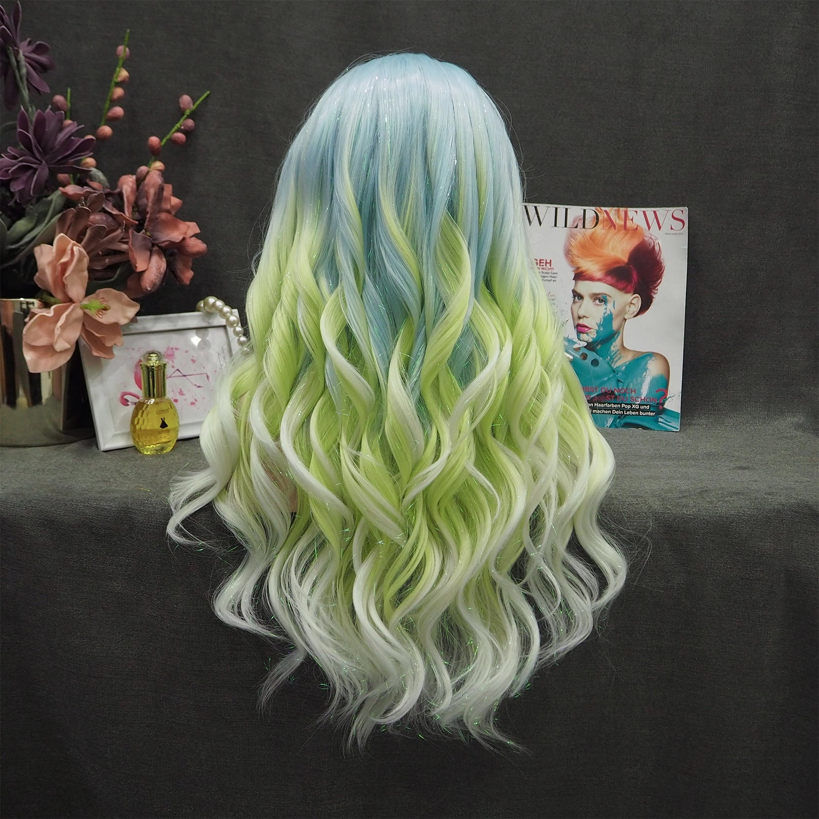 Ella - Light Blue to Green Ombre Tinsel  Long Wavy Synthetic Lace Front Wig