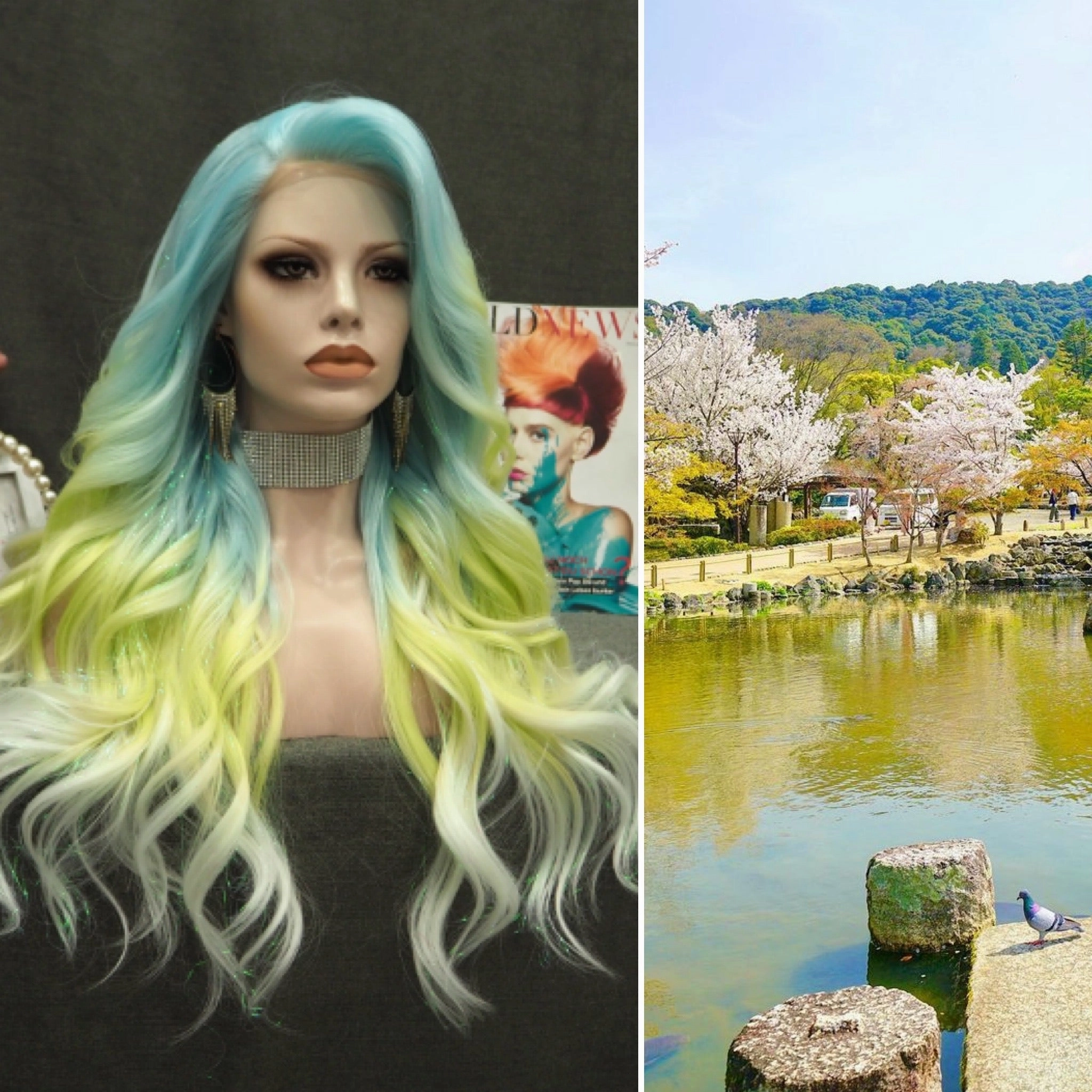 Ella - Light Blue to Green Ombre Tinsel  Long Wavy Synthetic Lace Front Wig