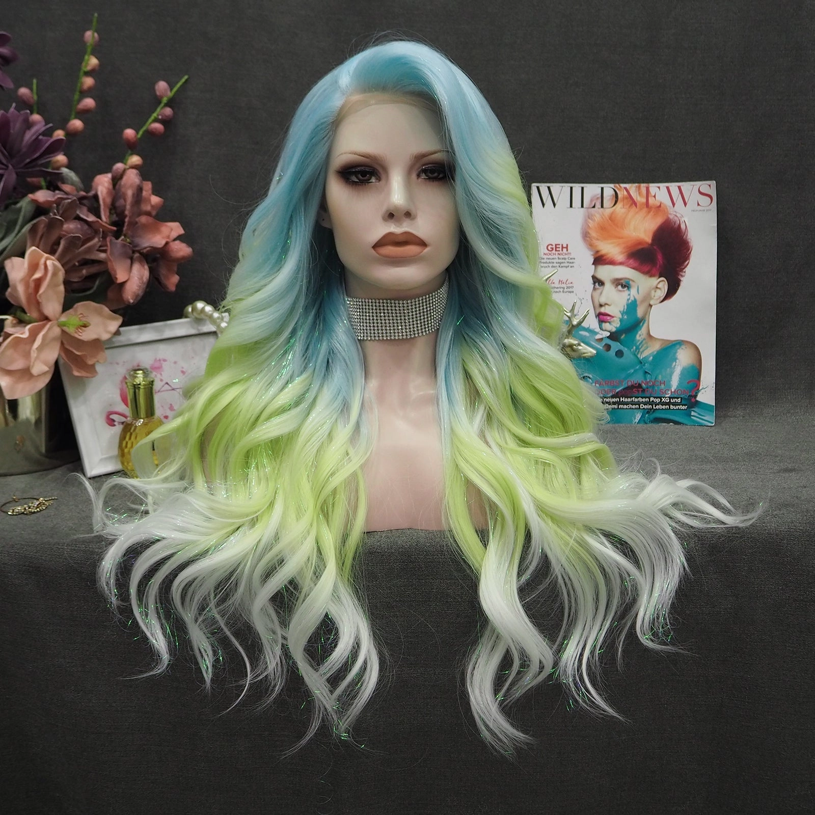 Ella - Light Blue to Green Ombre Tinsel  Long Wavy Synthetic Lace Front Wig