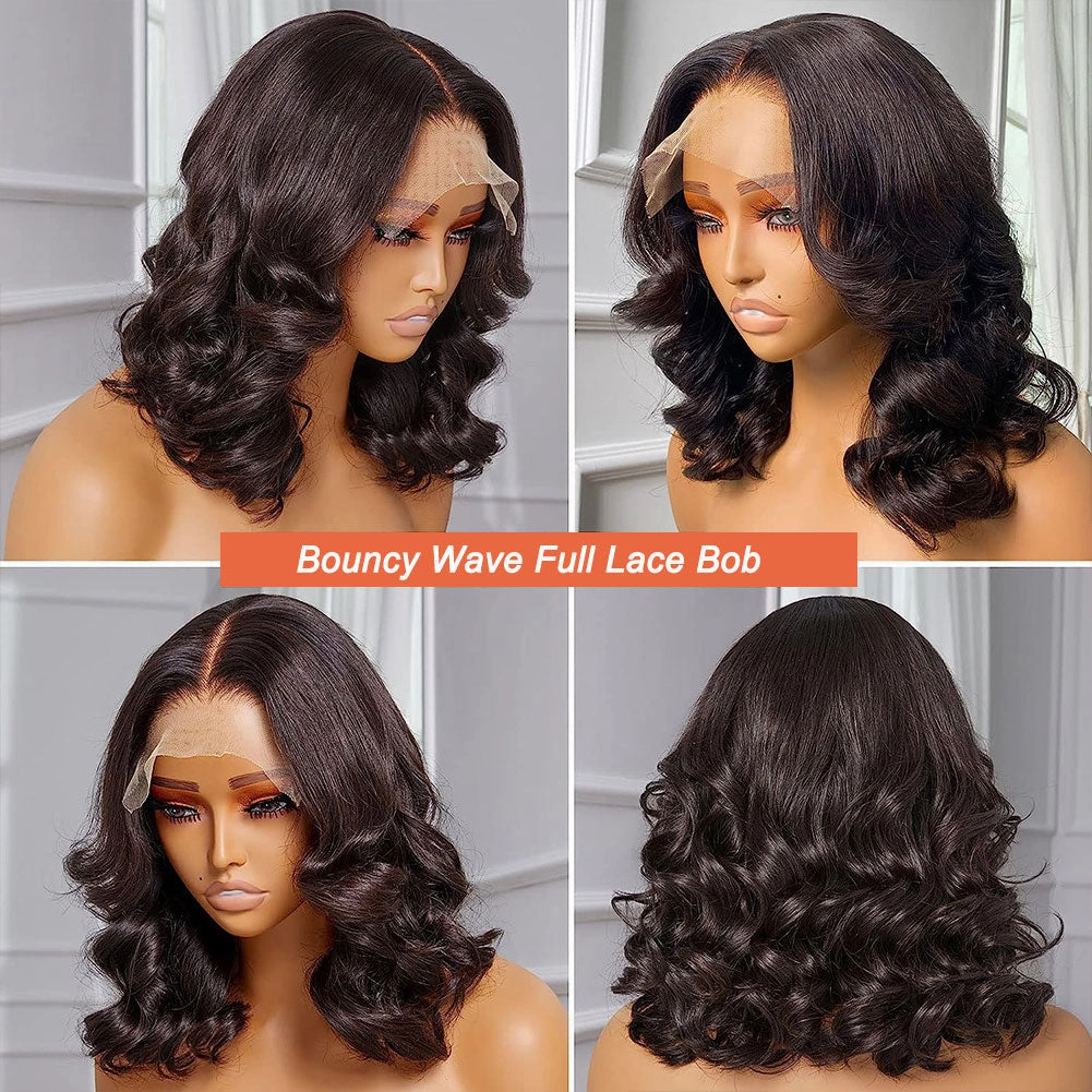 Full Lace Fake Scalp Free Parting Preplucked Human Hair Bouncy Wave Bob Wig