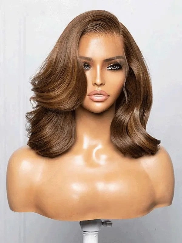 Full Lace Fake Scalp Free Parting Preplucked Human Hair Light Brown Yaki Bob Wig (Live)