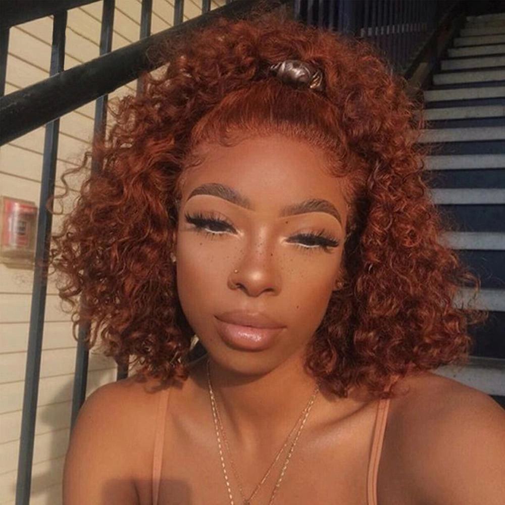 Ginger Orange Human Hair Lace Wig Colored Curly BOB  Wigs