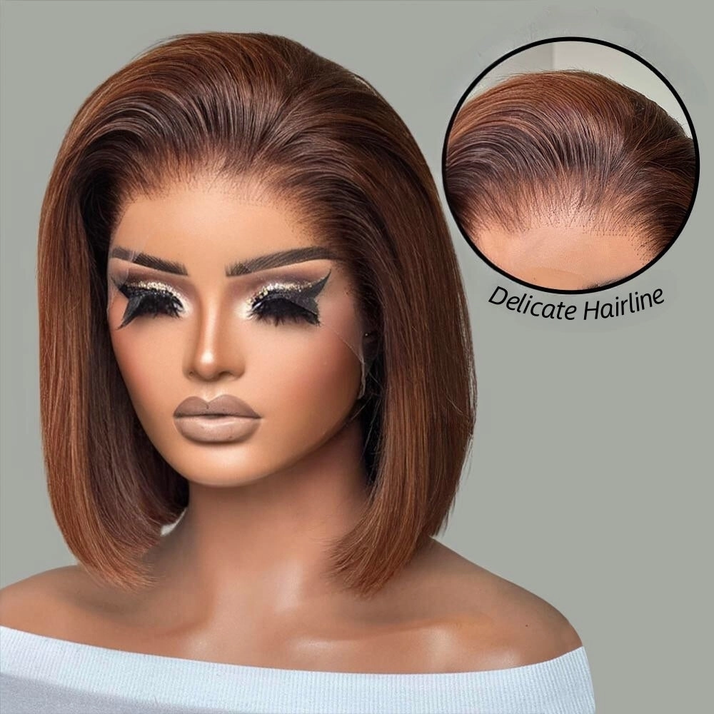 Glueless Knot-Free 13x6 Fitted Cap 250% Skin Melt Lace Front Wig Ombre Brown Bob