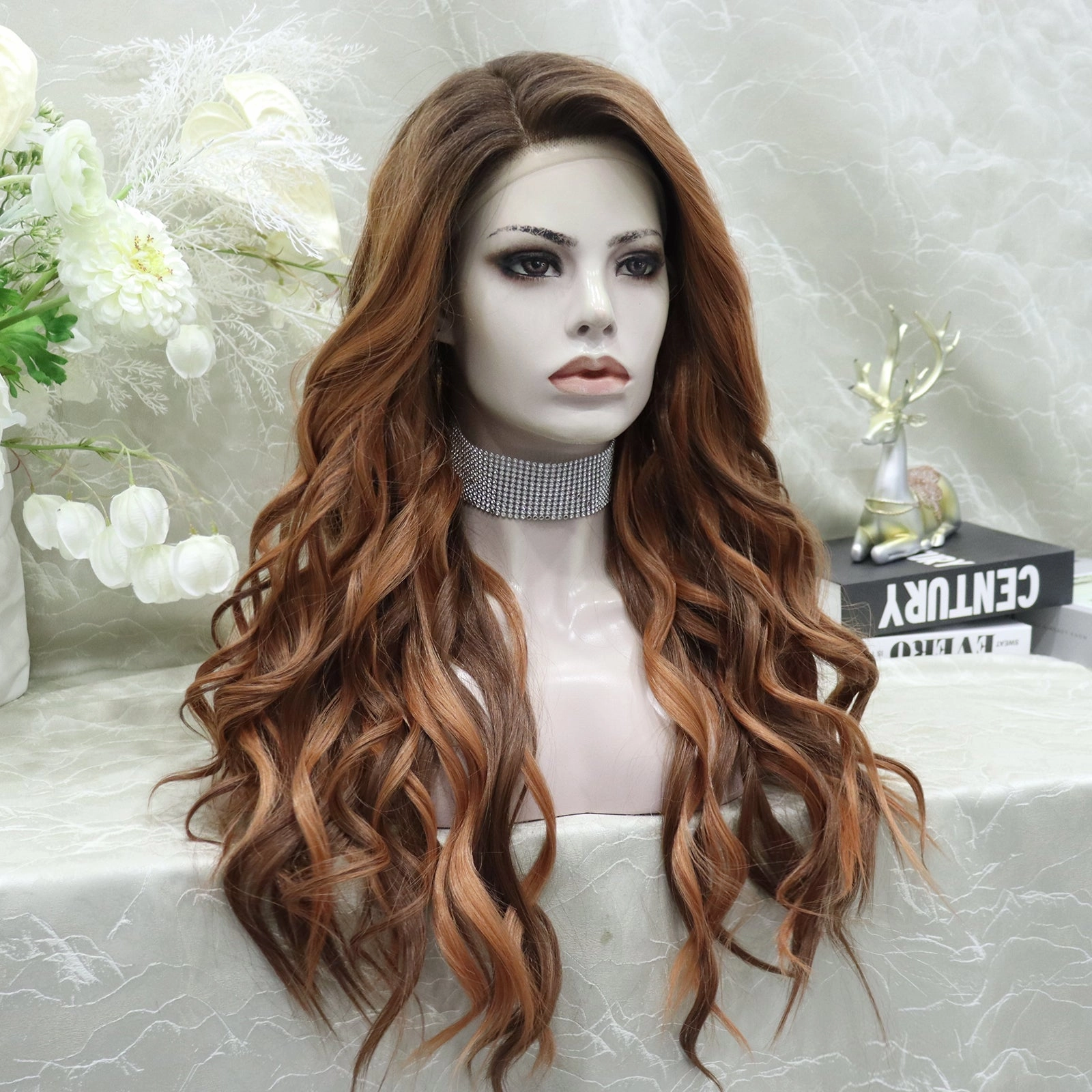 Hedy-13*4 free parting lace front wig copper color with highlight curly