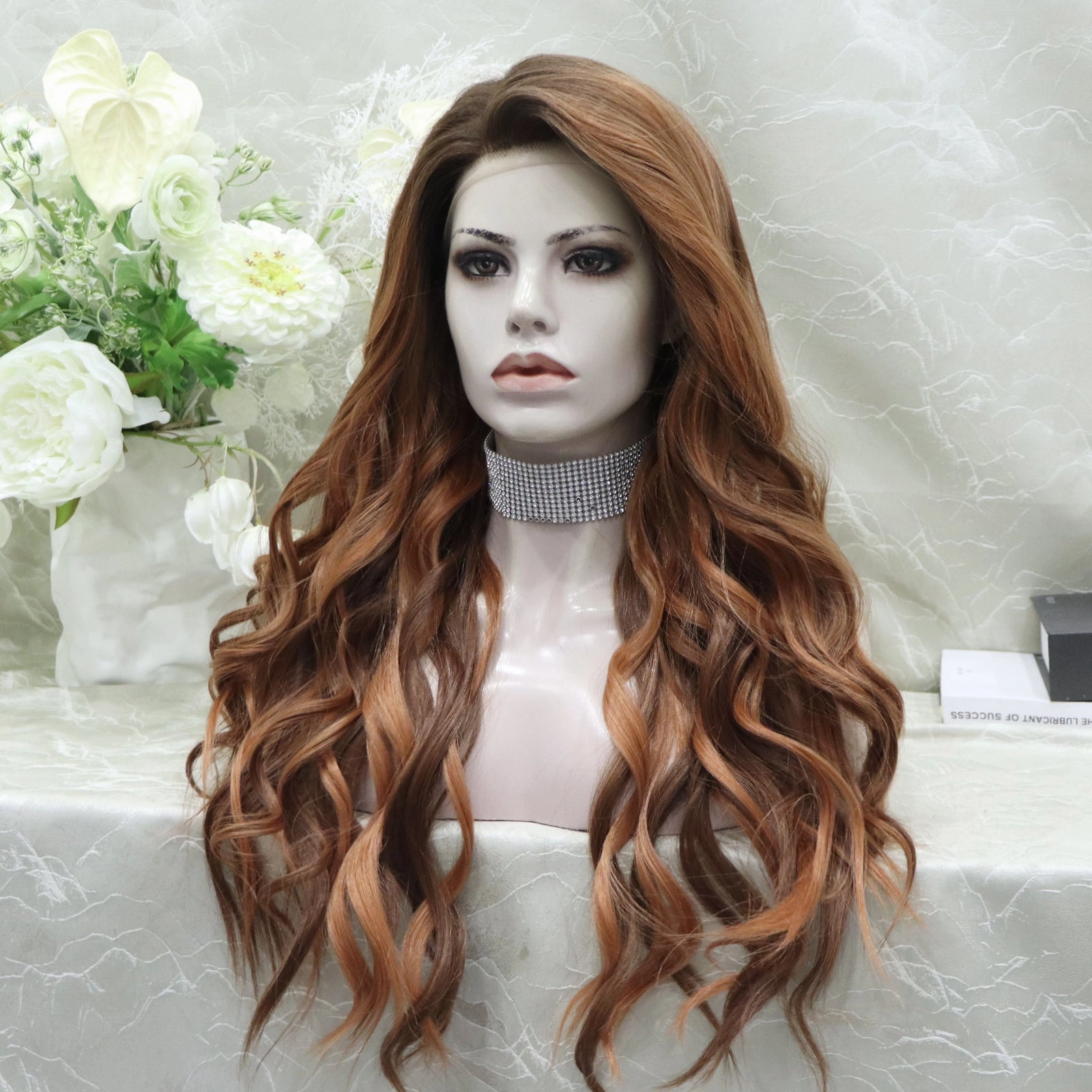 Hedy-13*4 free parting lace front wig copper color with highlight curly