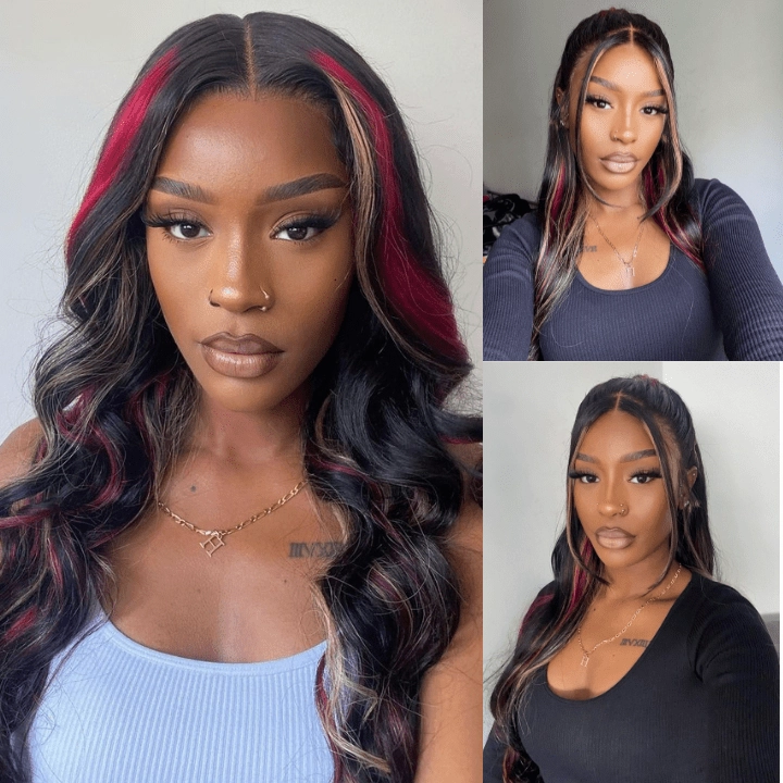 Highlight Black with Red & Blonde Straight/Body Wave 13x4 Lace Front Wig With Multi Color Highlights Loose Wave Human Hair Wigs-GeetaHair