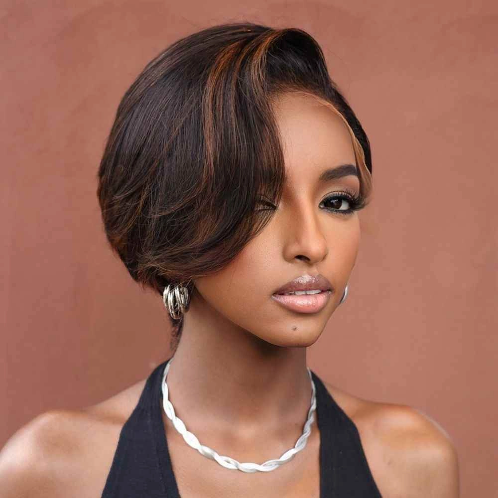 Honey Brown Highlight Side Part Pixie Cut Preplucked Human Hair Lace Wig